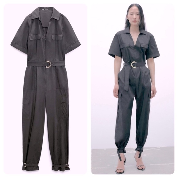 Zara Black Poplin Cargo Boiler Utility Suit Jumpsuit - Picture 1 of 16